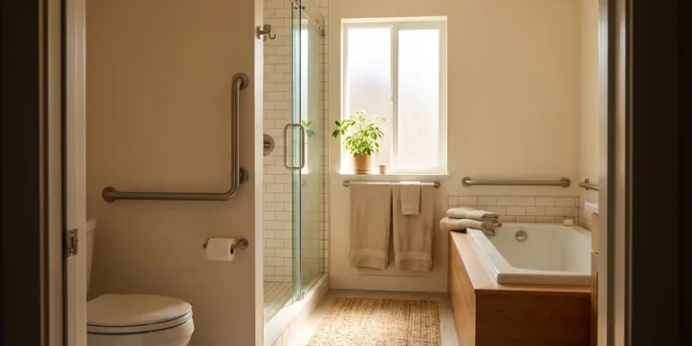 A bathroom seen from the doorway with grab bars at the toilet, the shower entry and the tub.