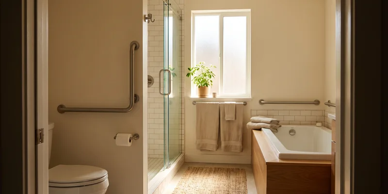 A bathroom seen from the doorway with grab bars at the toilet, the shower entry and the tub.