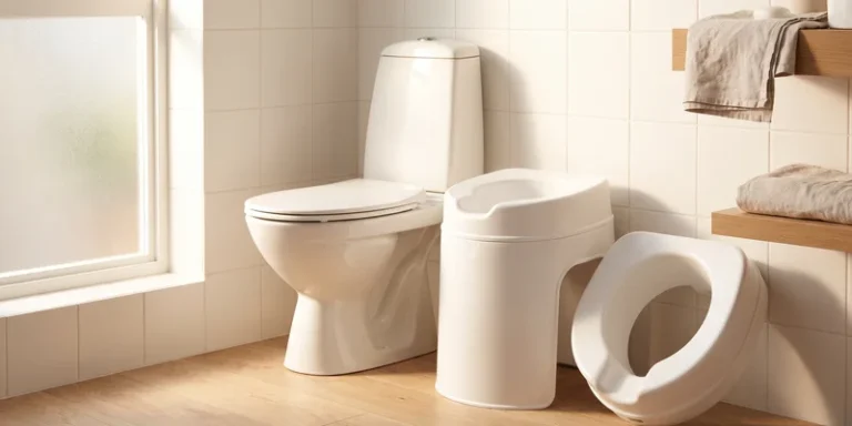 Two raised toilet seats of different heights standing beside a toilet in a bright bathroom.
