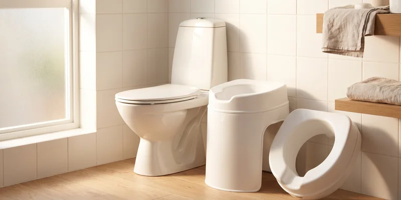 Two raised toilet seats of different heights standing beside a toilet in a bright bathroom.