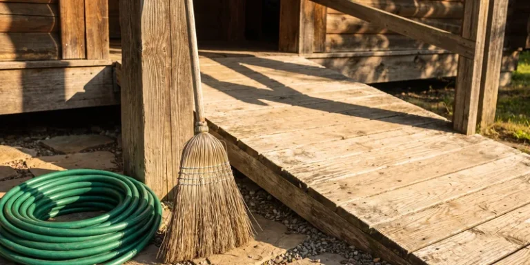 A stiff broom and a coiled garden hose beside a wooden entry ramp on a sunny morning.