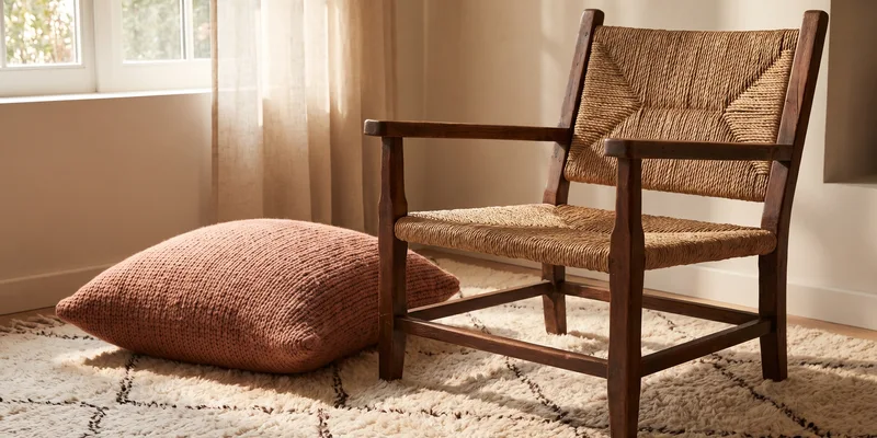 A low sturdy chair standing on a carpeted living room floor beside a cushion.