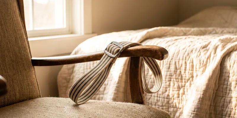 A gait belt buckled and laid across the arm of a chair in a bedroom.