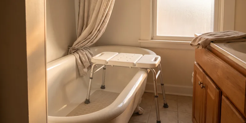 A transfer bench with two legs inside the tub and two on the bathroom floor, the shower curtain gathered behind.