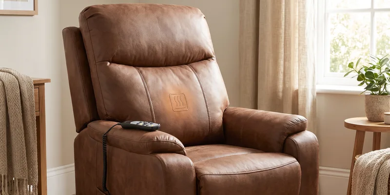 A lift recliner with a lumbar heat panel and its multi button hand control on the armrest.
