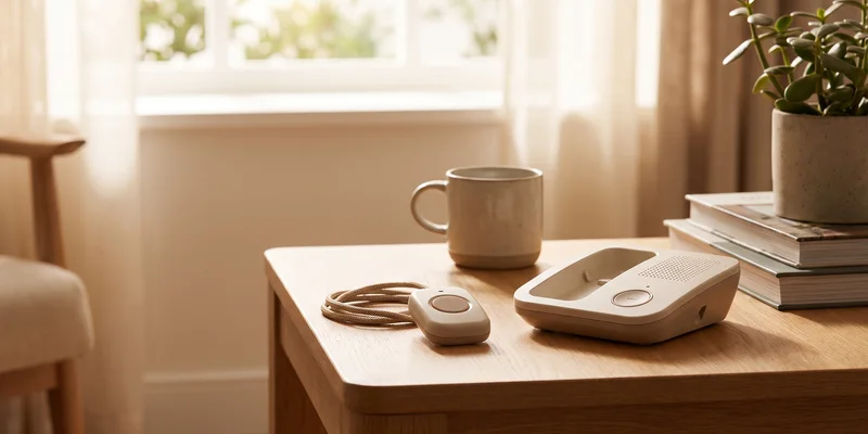 A pendant alarm button and a home base station on a side table.