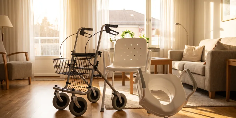 A rollator, a shower chair and a raised toilet seat grouped together in a bright living room.