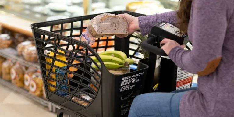 Groceries loaded in the front basket of a motorized store cart.