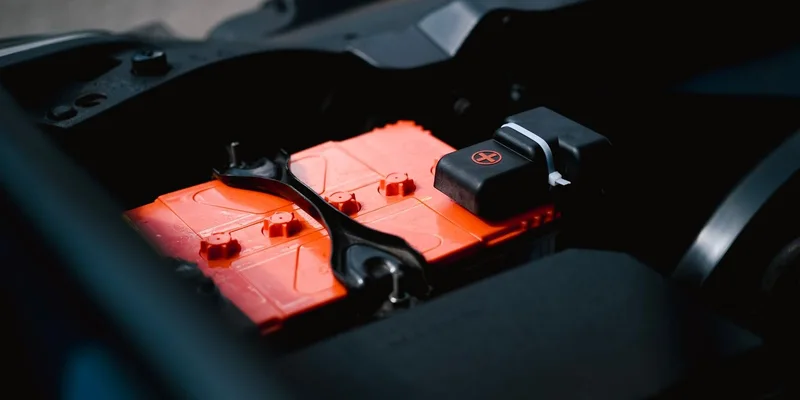 A vehicle battery with connected terminals under an open hood.