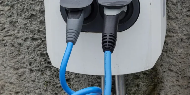 Charging cables plugged into a wall-mounted charging point.