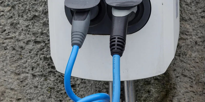 Charging cables plugged into a wall-mounted charging point.