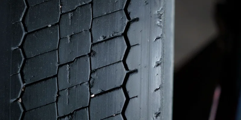 Close-up of the tread pattern on a rubber tire.