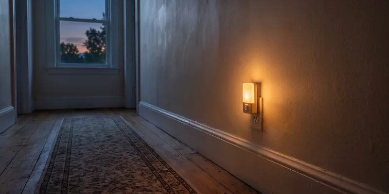 A motion sensor night light glowing low on a hallway wall at dusk.