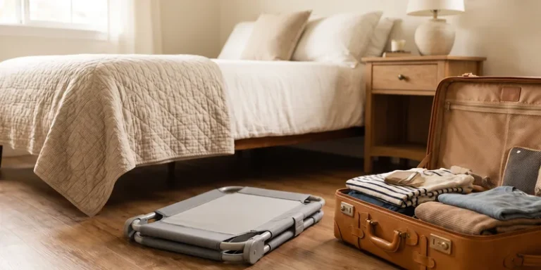A compact portable bed rail folded flat beside an open suitcase in a guest room.
