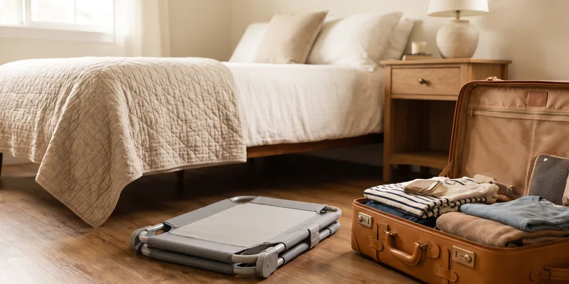 A compact portable bed rail folded flat beside an open suitcase in a guest room.