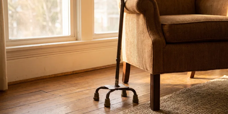 A quad cane with a small four point base standing on a wooden floor beside a chair.