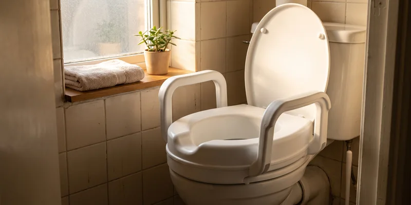 A raised toilet seat with moulded side arms fitted on a toilet in a small bathroom.