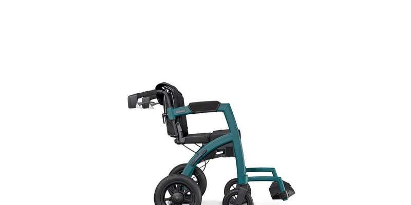 A rollator with a padded seat and backrest strap parked beside a kitchen table.