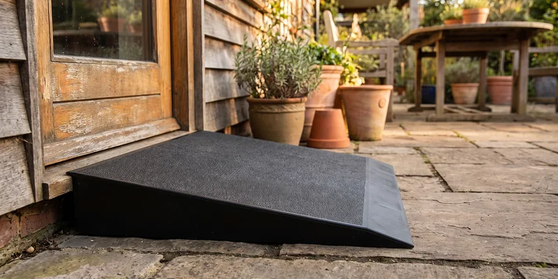 A black rubber threshold ramp with a beveled edge at a back door onto a patio.