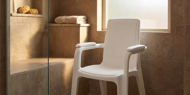 A shower chair with a full backrest and arms in a tiled walk in shower.