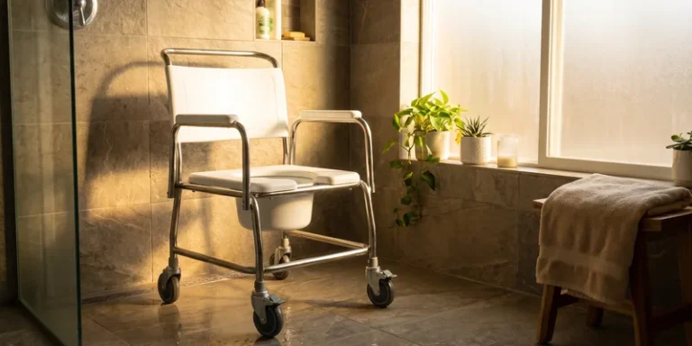 A rolling shower commode chair with its castors locked in a curbless shower.