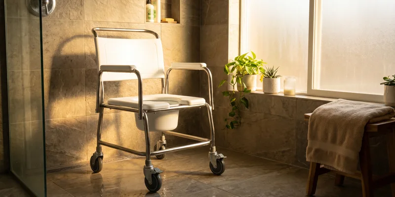 A rolling shower commode chair with its castors locked in a curbless shower.