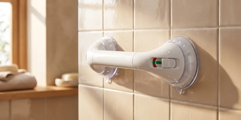 A suction grab bar pressed onto smooth bathroom tile with its indicator windows facing out.