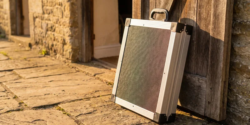 A folding suitcase style ramp with a carry handle standing folded beside a doorway.