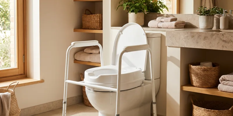 A raised toilet seat and a freestanding toilet safety frame beside the same toilet in a bright bathroom.