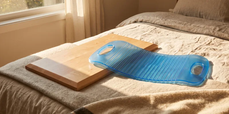A straight wooden transfer board and a curved plastic one lying on a bed.