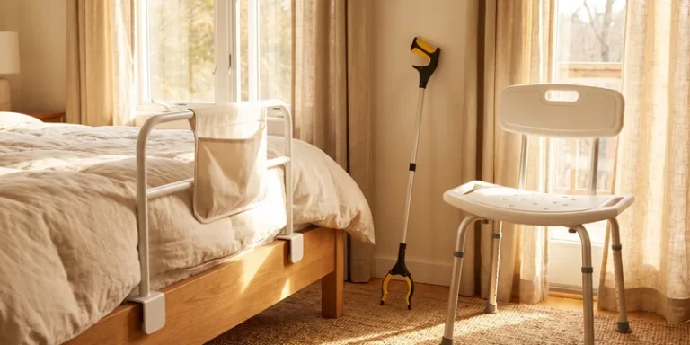 A bed rail, a reacher and a shower chair grouped together in a bright bedroom.