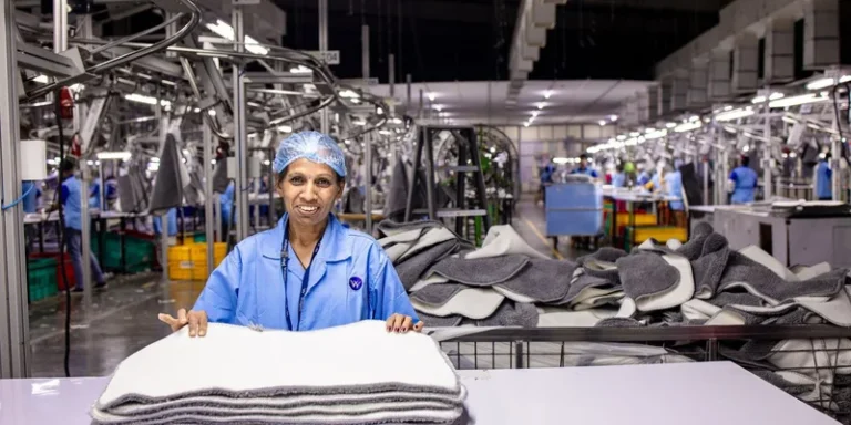 A factory worker stands at a workbench folding material.
