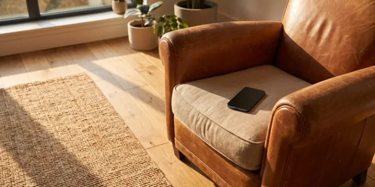 A living room floor beside an armchair with a phone on the seat and clear space around it.