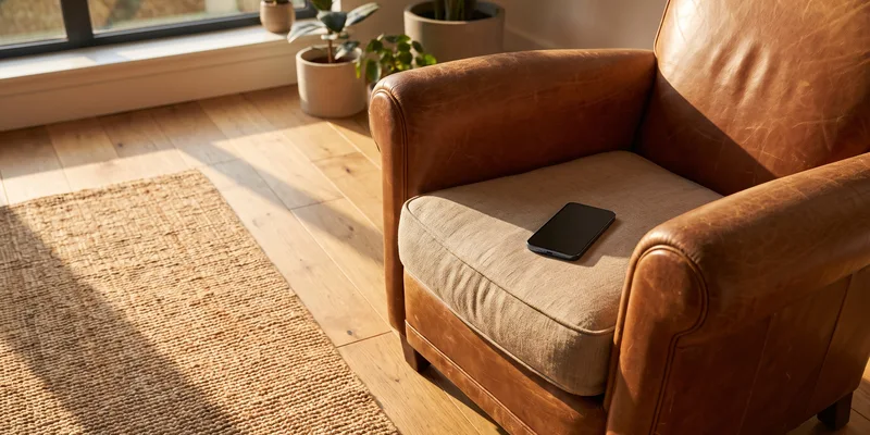 A living room floor beside an armchair with a phone on the seat and clear space around it.