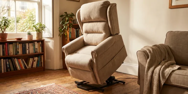 A power lift recliner in the raised position in a modest living room.